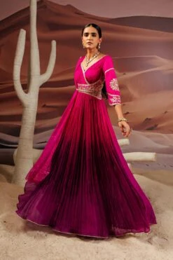 Fuschia Purple Shaded Pleated Flare Anarkali
