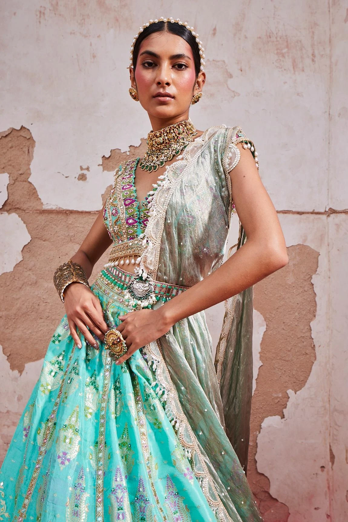 Blue Woven Chanderi Banarasi Lehenga Set 3 Blue Woven Chanderi Banarasi Lehenga Set - Image 3