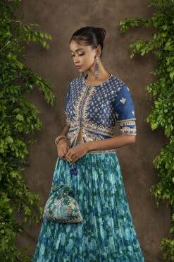 Blue Floral Print Georgette Lehnga Set With Long Blouse