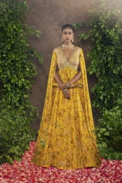 Yellow Floral Printed Moomal Lehnga With Peplum Blouse