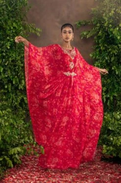 Fuchsia Orange Floral Printed Moomal Kaftan