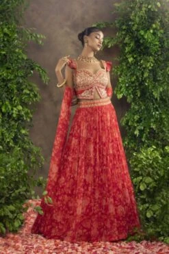 Fuchsia Orange Floral Printed Peplum Blouse And Lehnga