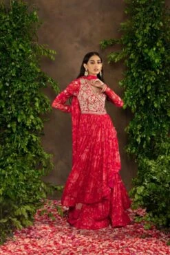 Fuchsia Orange Floral Printed Georgette Angrakha Style Anarkali