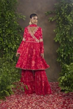 Fuchsia Orange Floral Printed Georgette Garara Set