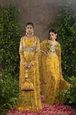 Yellow Floral Printed Moomal Anarkali With Raw Silk Jacket