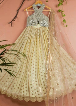 Banana Butti Scallop Lehenga With Powder Blue Mirrorwork Blouse And Light Pink Dupatta
