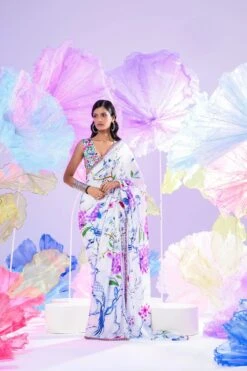 Prestitched Saree In Our Bloom Print With A Hand Embroidered Blouse