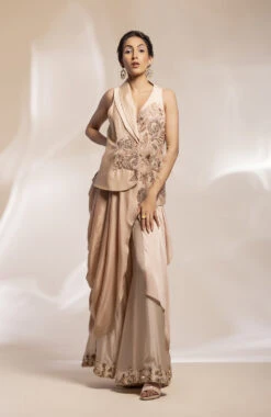 Champaign Saree And Blouse With A Fishtail Skirt