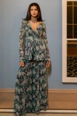 Turquoise Green Geometric Floral Printed Peplum Palazzo