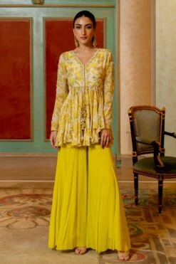 Lime Yellow Geometric Floral Printed Peplum Palazzo Set