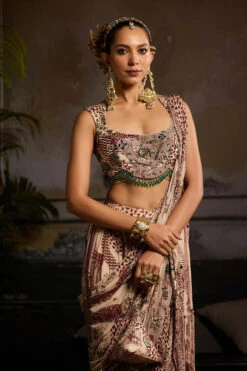 Beige & Maroon Print And Highlighted Skirt Saree Set -Lillys Clothing Shop DR 13558