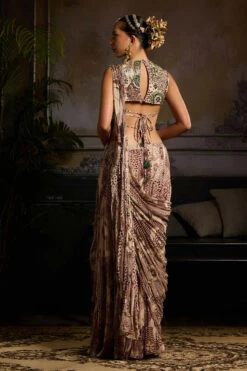 Beige & Maroon Print And Highlighted Skirt Saree Set -Lillys Clothing Shop DR 13569copy