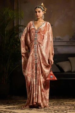 Beige & Rust Print And Highlighted Kaftan With Potali Bag