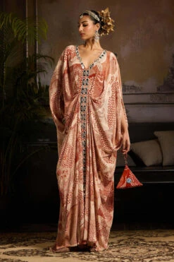 Beige & Rust Print And Highlighted Kaftan With Potali Bag -Lillys Clothing Shop DR 14054