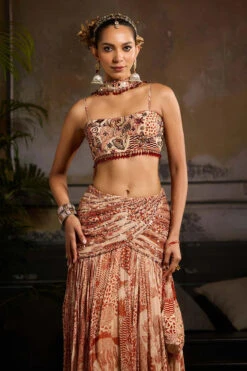 Beige & Rust Print And Highlighted Lehenga Set -Lillys Clothing Shop DR 14121