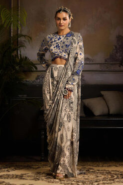 Beige & Black Print And Highlighted Pant Saree Set