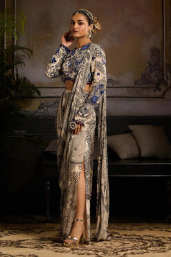 Beige & Black Print And Highlighted Pant Saree Set -Lillys Clothing Shop DR 14473