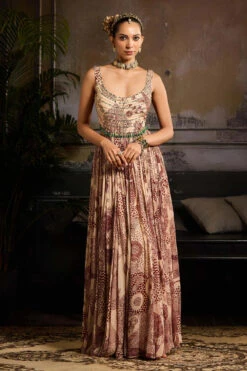 Beige & Maroon Print And Highlighted Dress