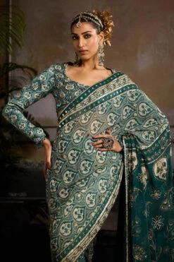 Teal Print And Highlighted Pre-Stitched Saree -Lillys Clothing Shop DR 16017