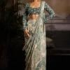 Beige & Teal Print And Highlighted Skirt Saree Set