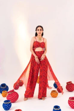 Printed Back Knot Blouse With Side Panels And Straight Pant Set