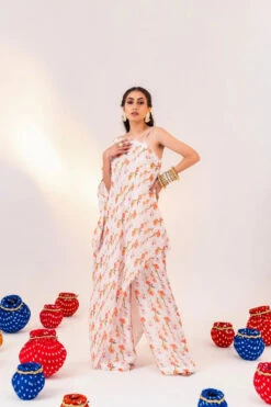 Printed 1-Shoulder Asymmetrical Tunic And Straight Pant