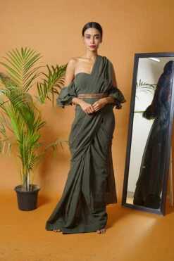Olive Green Saree Set With Waistbelt