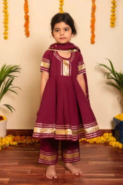 Bachpan Burgundy Anarkali Set For Girls