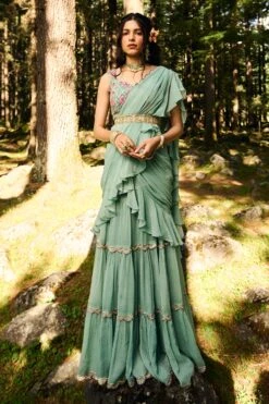 Blue Geometric And Jungle Print Pre Draped Ruffle Saree Set