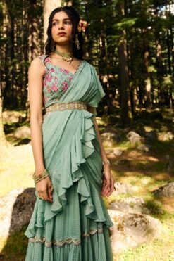 Blue Geometric And Jungle Print Pre Draped Ruffle Saree Set 7 Blue Geometric And Jungle Print Pre Draped Ruffle Saree Set -Lillys Clothing Shop DSC 49571 1600x 2aab49c8 45f4 4f1e 8b1a 702d2bb1af5b