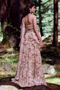 Off White Floral Print Pre-Draped Ruffle Saree