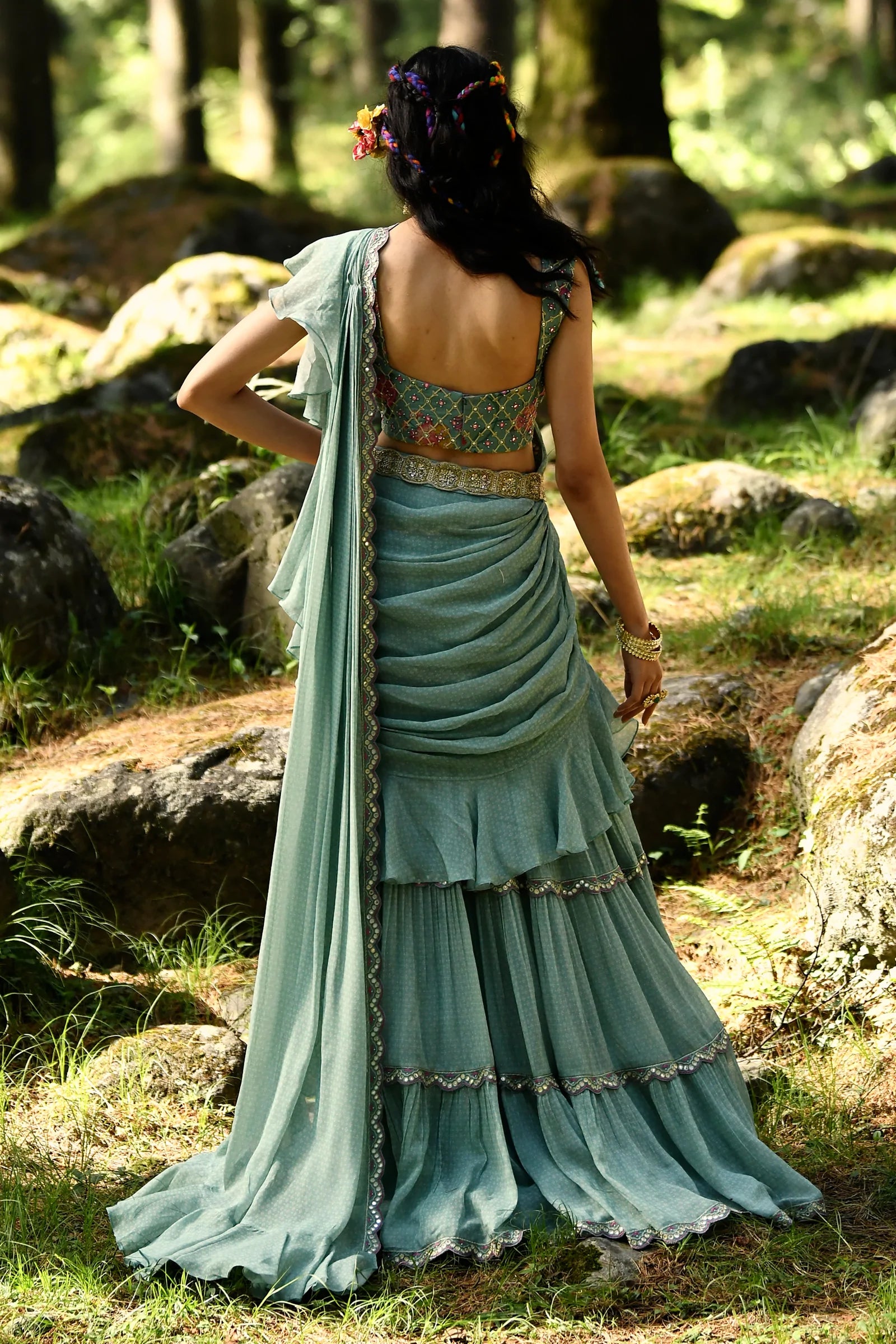 Blue Geometric And Jungle Print Pre Draped Ruffle Saree Set 2 Blue Geometric And Jungle Print Pre Draped Ruffle Saree Set - Image 2