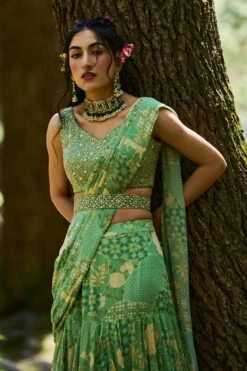 Fern Green Naksha Print Pre Draped Asymmetric Layered Saree Set -Lillys Clothing Shop DSC 51821 1600x 44109f8c 1b0f 463e b142 5fe5dd32e991