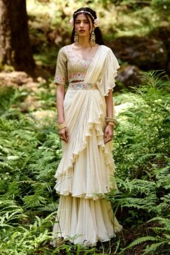 White Pre Draped Ruffle Saree