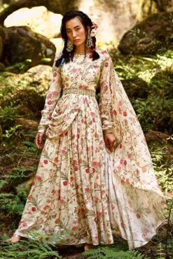 Off White Floral Print Draped Anarkali Set