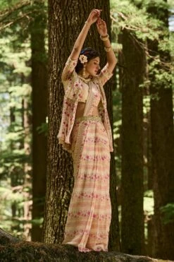 Off White Rose Border Print Pre Draped Saree Set