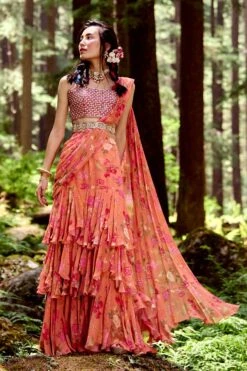 Sherbet Orange Jungle Print Pre Draped Three Layered Saree Set