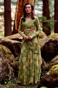 Fern Green Big Rose Print Pre Draped Saree Set