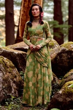 Fern Green Big Rose Print Pre Draped Saree Set