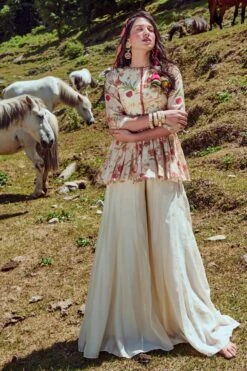 Off White Floral Print Malai Chanderi Peplum Top