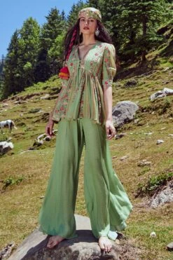 Fern Green Rose Border Printed Peplum