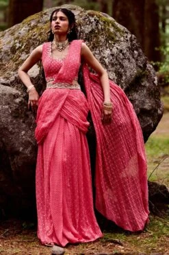 Pink Flame Print Pre-Draped Saree Set