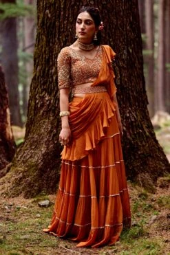 Rust Orange Four Layered Pre-Draped Ruffle Saree Set
