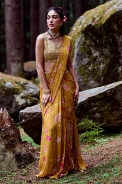 Ochre Yellow Anar Print Pre Draped Saree Set