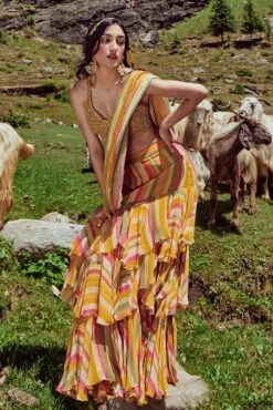 Multi Coloured Striped Pre Draped Layered Saree Set