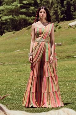 Pre Draped Multi Coloured Striped Sharara Saree Set