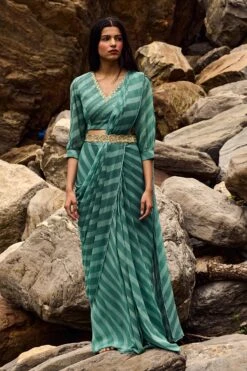 Teapot Blue Leheriya Pre–Draped Georgette Saree Set