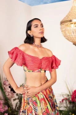 Frenzy Lehenga Paired With Ruffle Coral Blouse -Lillys Clothing Shop ECM 2745