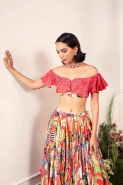 Frenzy Lehenga Paired With Ruffle Coral Blouse -Lillys Clothing Shop ECM 2749