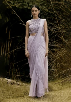 Lilac Embroidered Pre Draped Saree